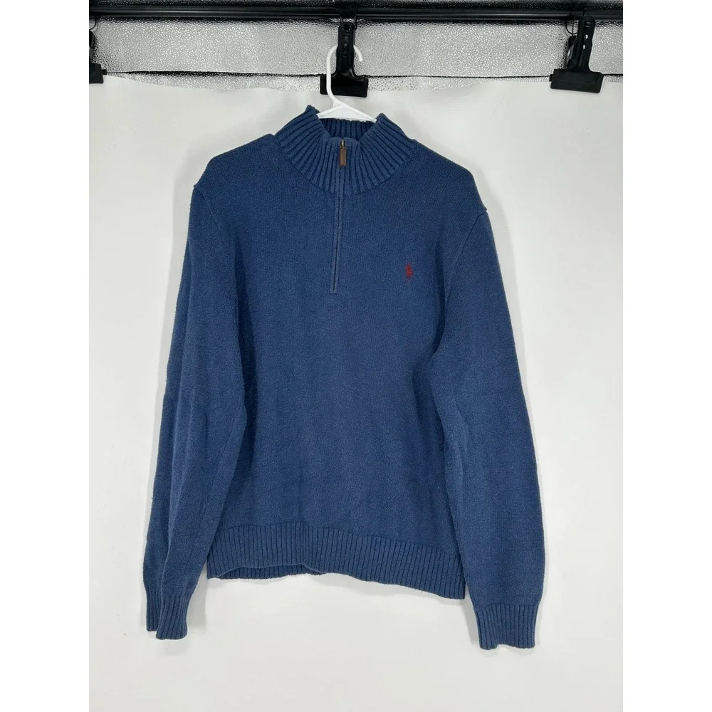 Polo‎ Ralph Lauren Sweater Leather Tab Quarter 1/4 Zip Pullover Blue Knit Mens L